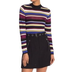 Rachel Roy Striped Cut Out Back Slinky Pullover Top Metallic Nylon Viscose LG